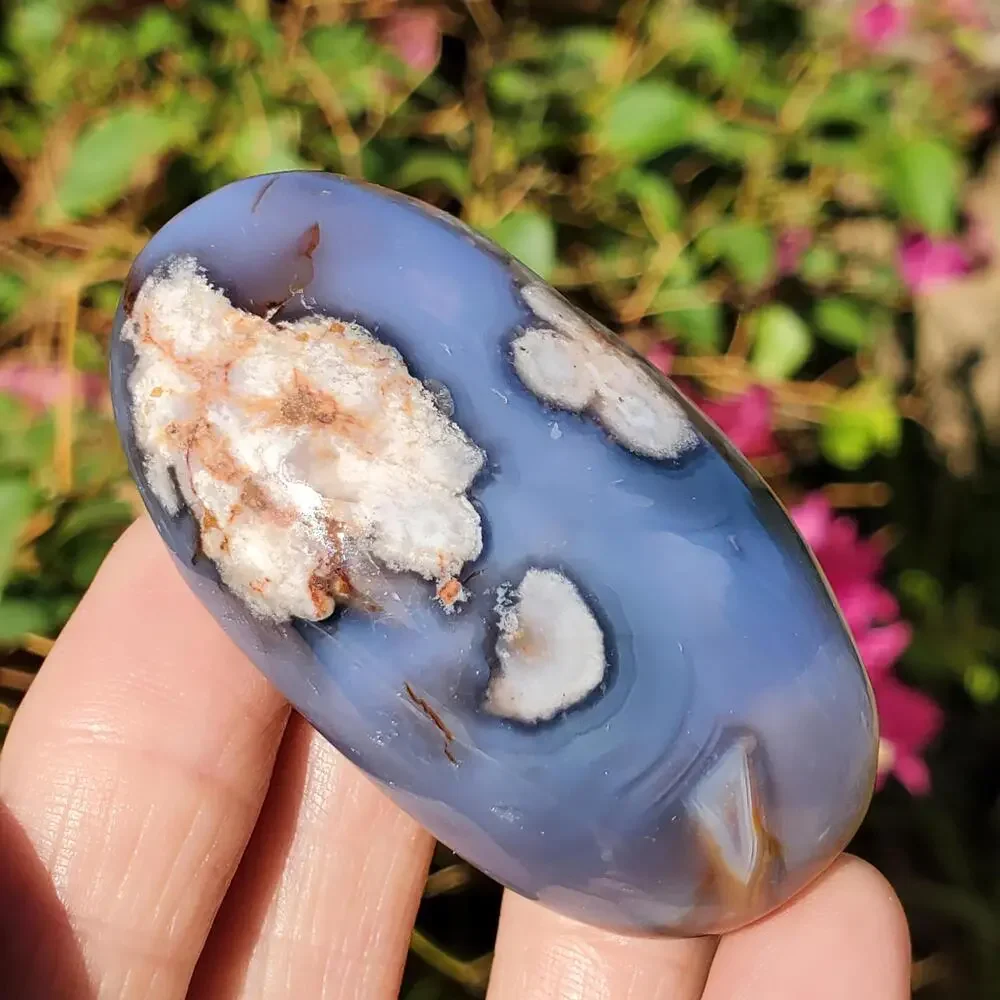 Blue Flower Blossom Agate Translucent Palmstone Crystal 66 grams